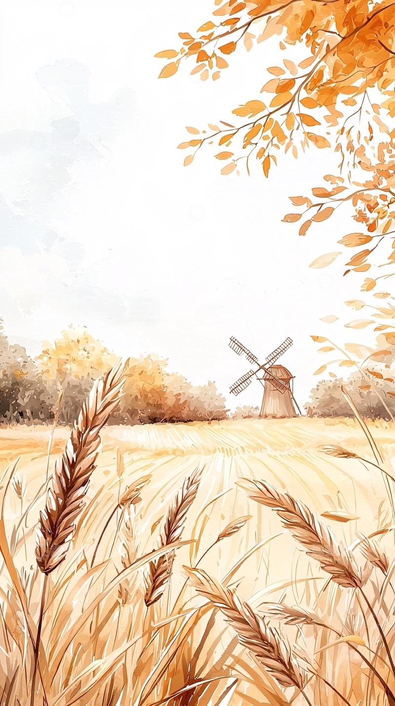 高清大图下载【趣麦麦图】秋日田野风车风景画