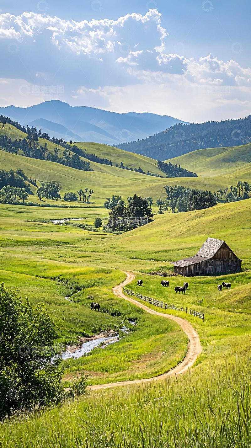高清大图下载【趣麦麦图】绿色牧场与小屋风景