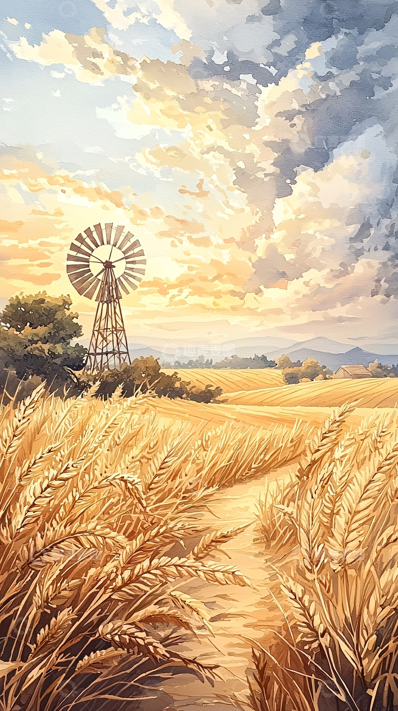 高清大图下载【趣麦麦图】金色麦田与风车的田园风光