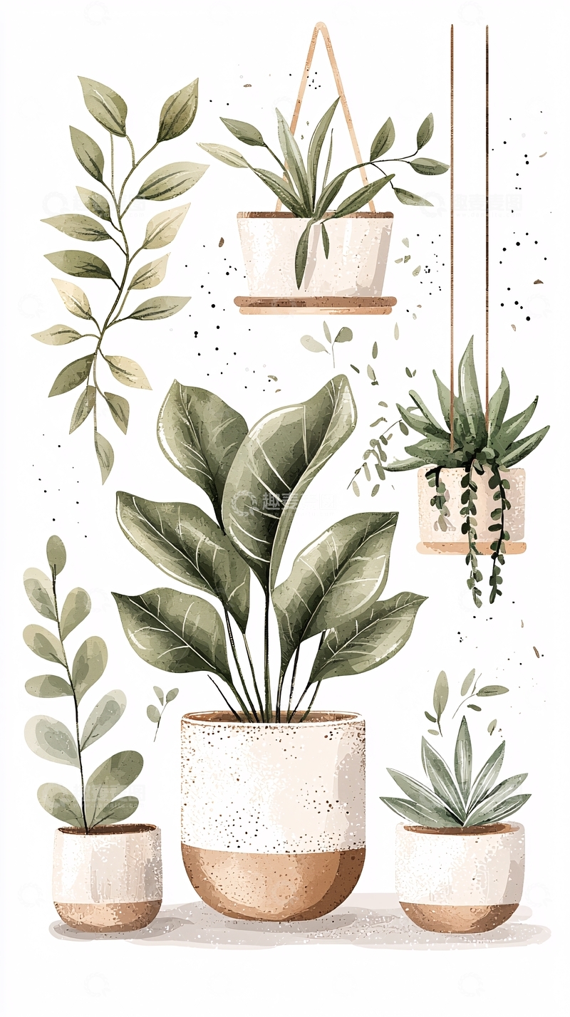 高清大图下载【趣麦麦图】室内植物盆栽插画素材