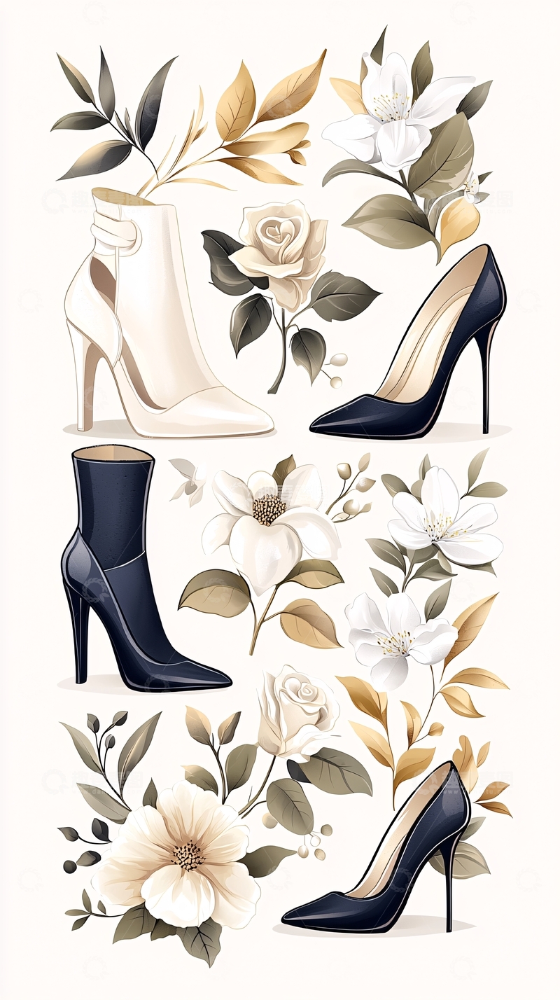 高清大图下载【趣麦麦图】高跟鞋与花卉插画素材