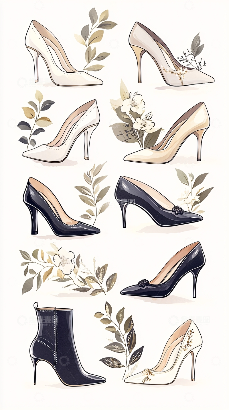 高清大图下载【趣麦麦图】高跟鞋与花卉插画集合