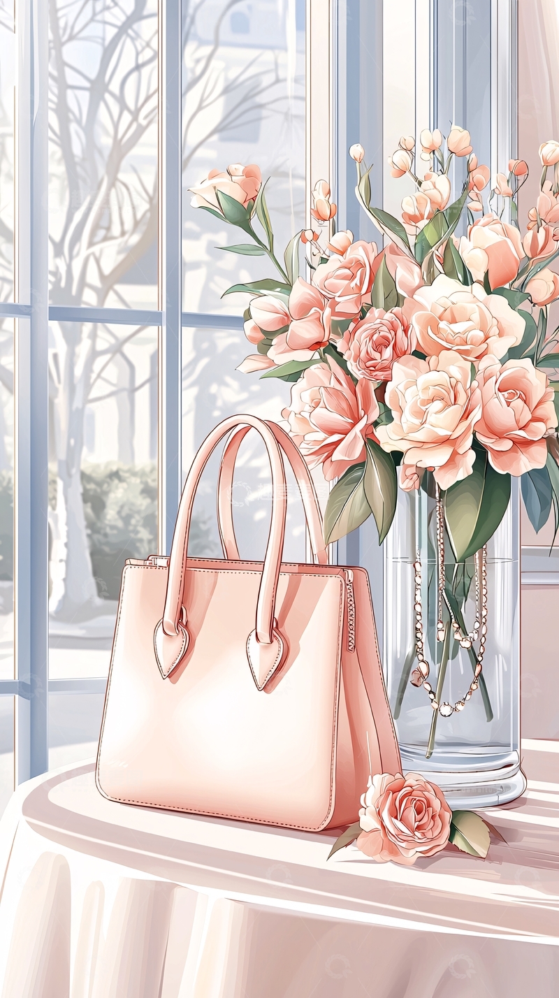 高清大图下载【趣麦麦图】粉色手提包与花束的温馨场景