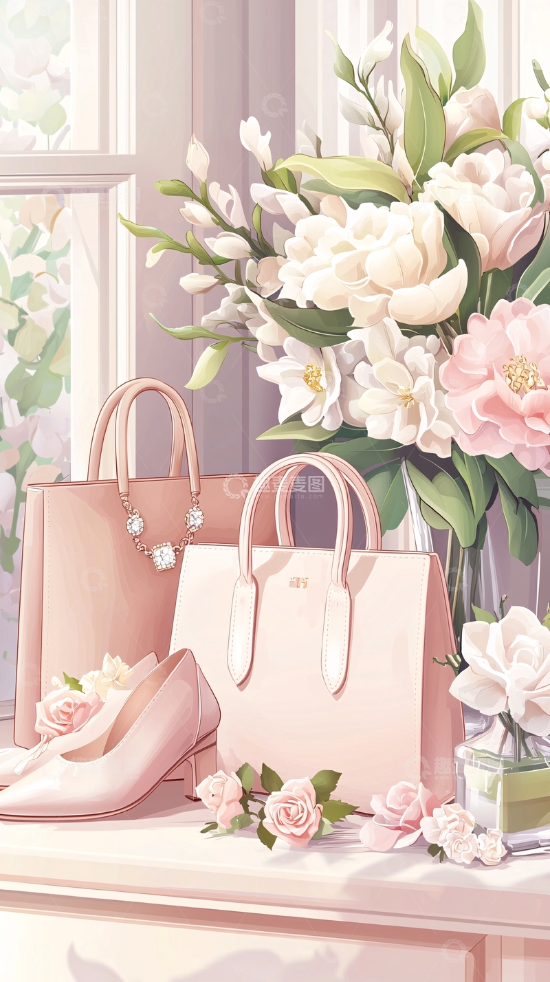 高清大图下载【趣麦麦图】粉色手袋与鲜花装饰的优雅场景
