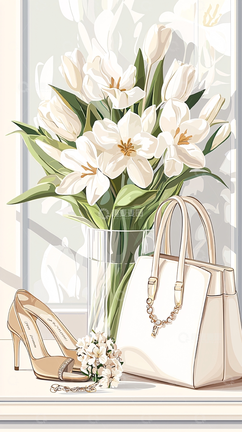 高清大图下载【趣麦麦图】白色郁金香与手提包的优雅场景