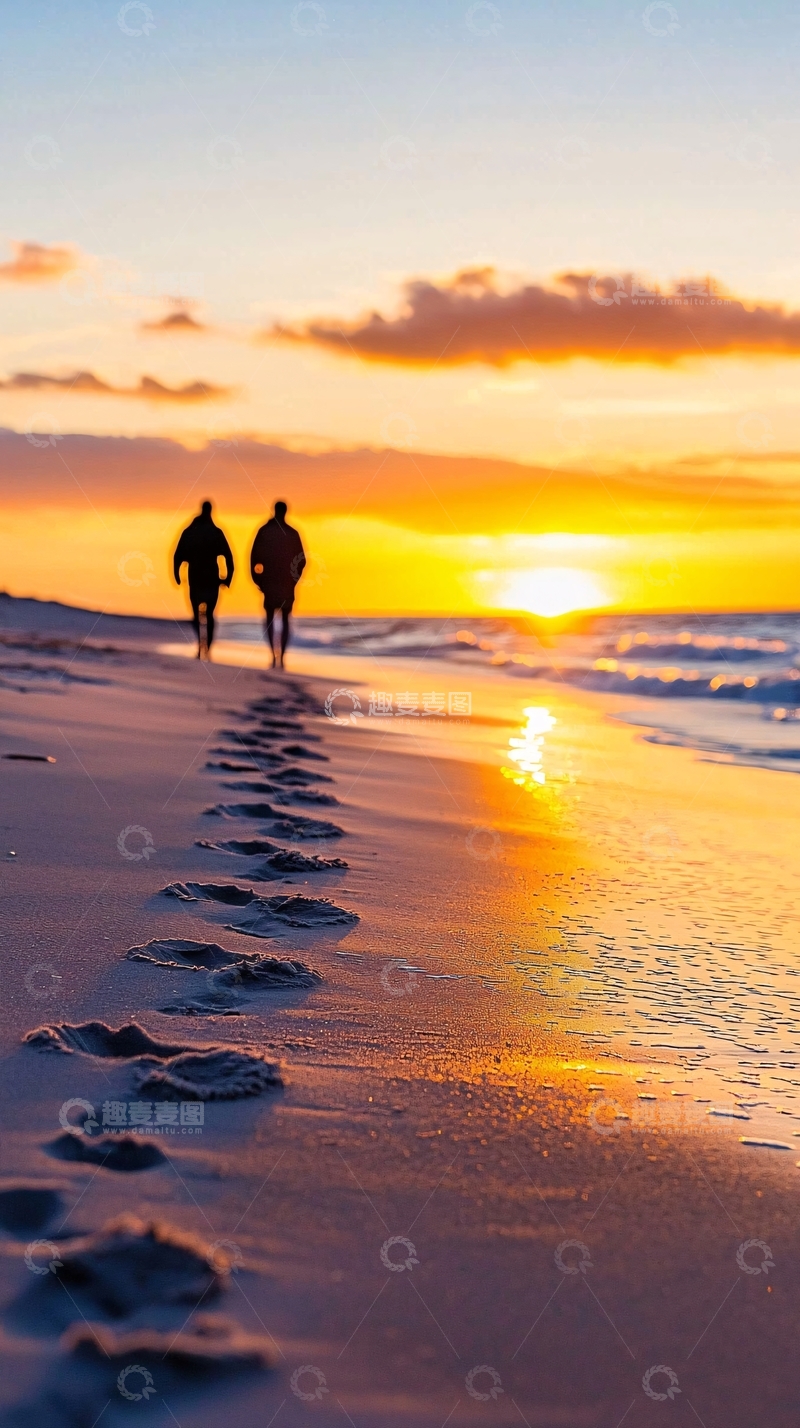高清大图下载【趣麦麦图】夕阳海滩情侣足迹