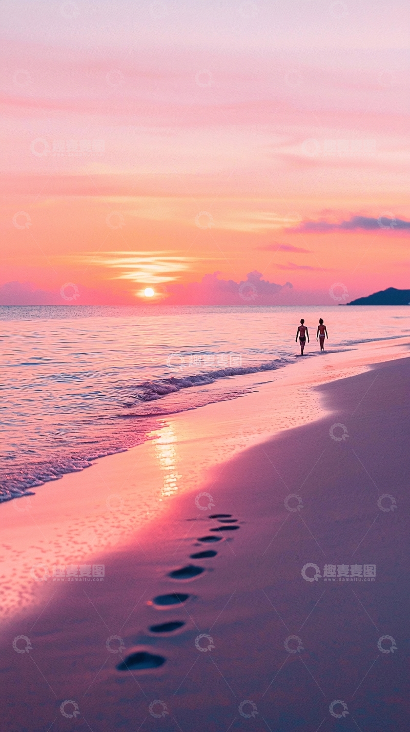 高清大图下载【趣麦麦图】夕阳海滩情侣足迹