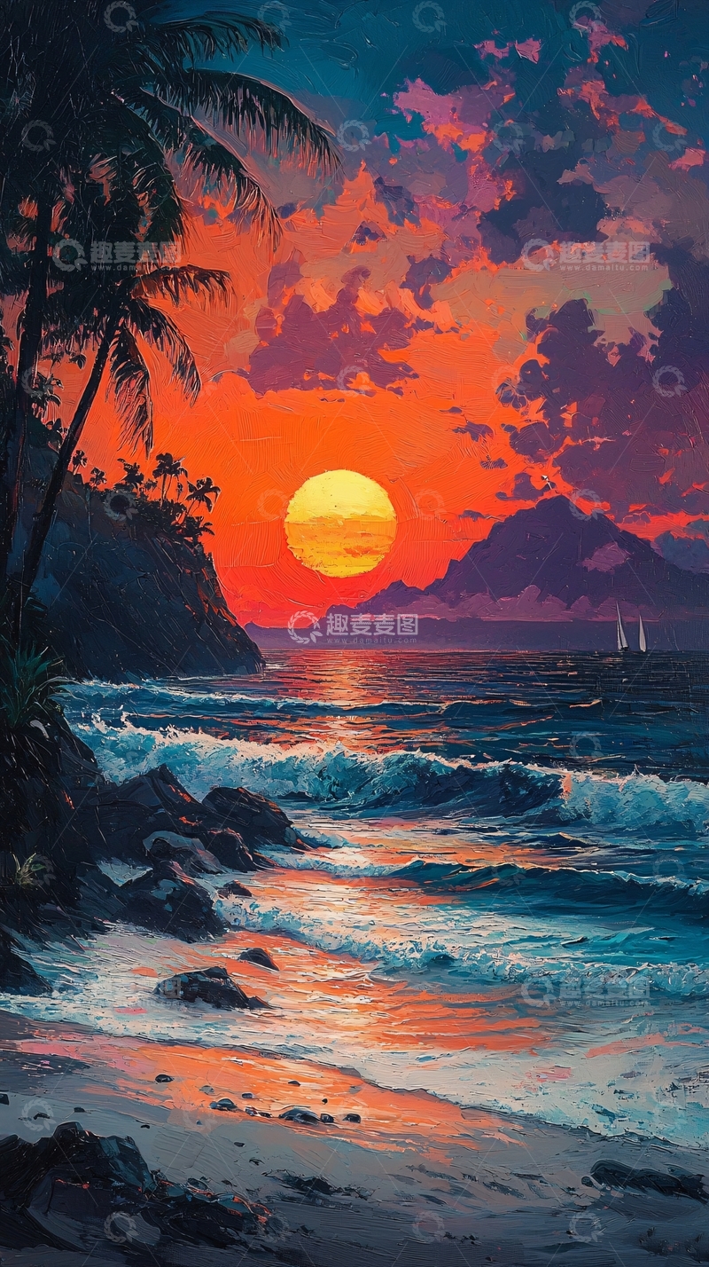 高清大图下载【趣麦麦图】日落海滩椰树帆船
