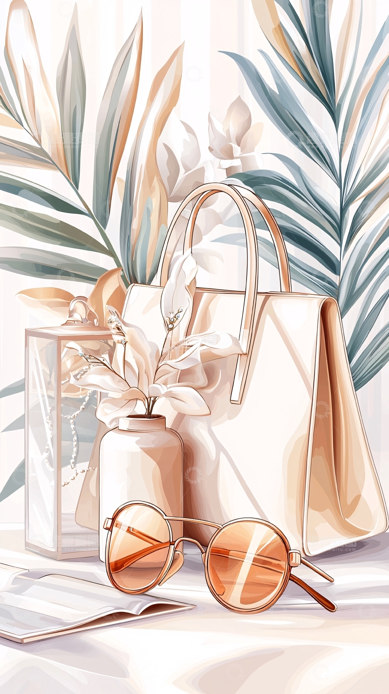 高清大图下载【趣麦麦图】时尚手袋与太阳镜插画