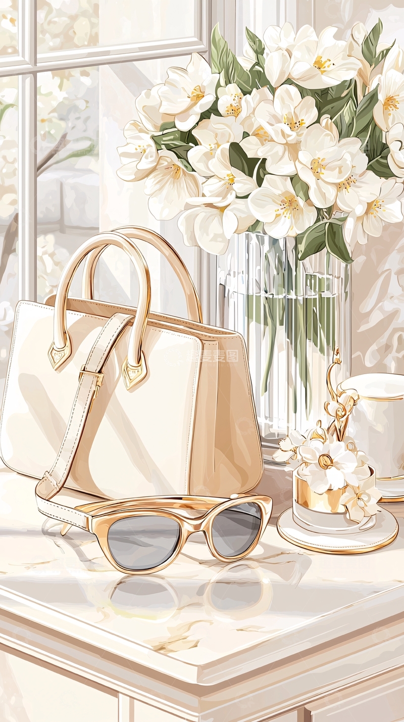 高清大图下载【趣麦麦图】优雅手袋与花束的室内场景