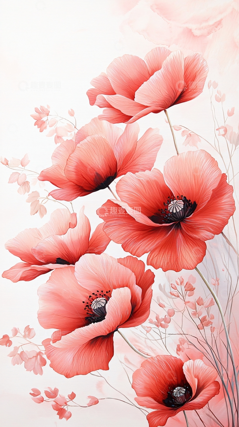 高清大图下载【趣麦麦图】红色罂粟花艺术插画