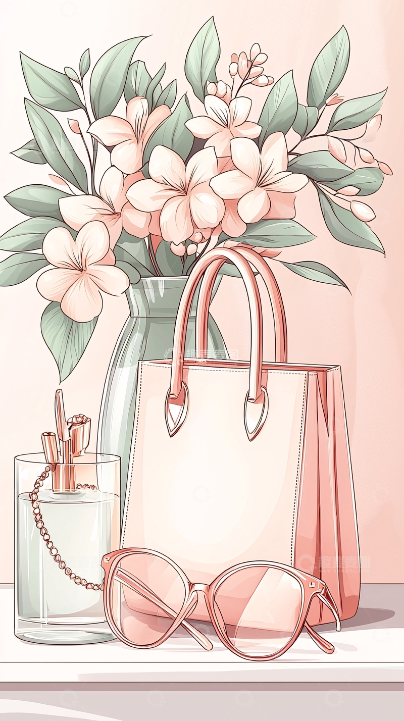 高清大图下载【趣麦麦图】粉色花瓶与时尚配饰