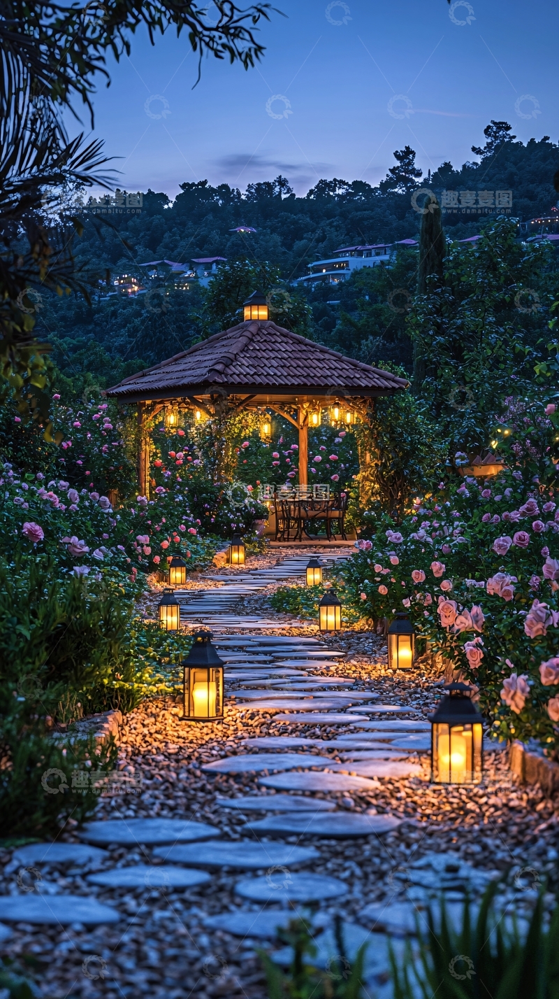 高清大图下载【趣麦麦图】夜晚花园小径灯笼灯饰