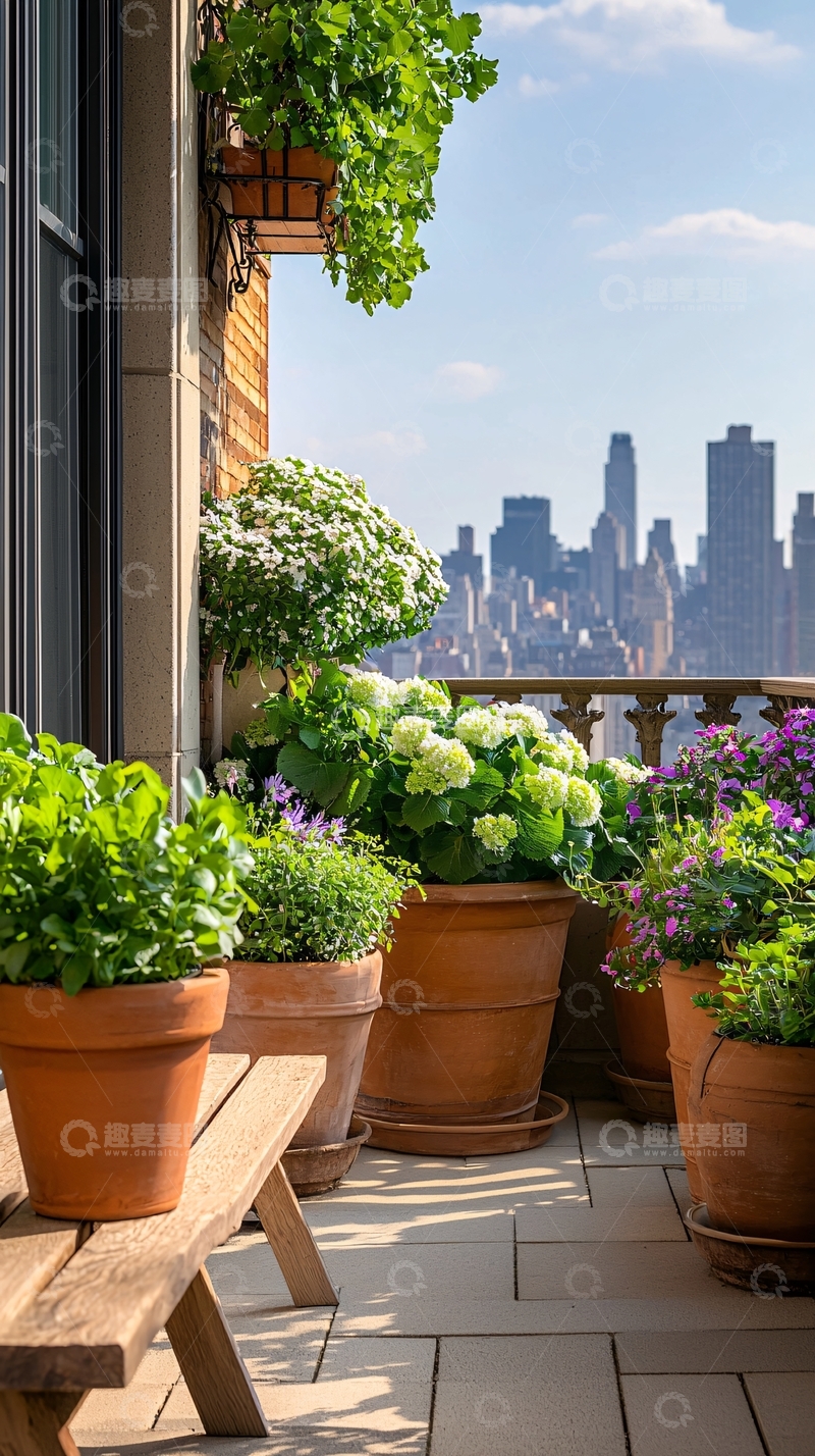 高清大图下载【趣麦麦图】阳台上的花盆与城市景观
