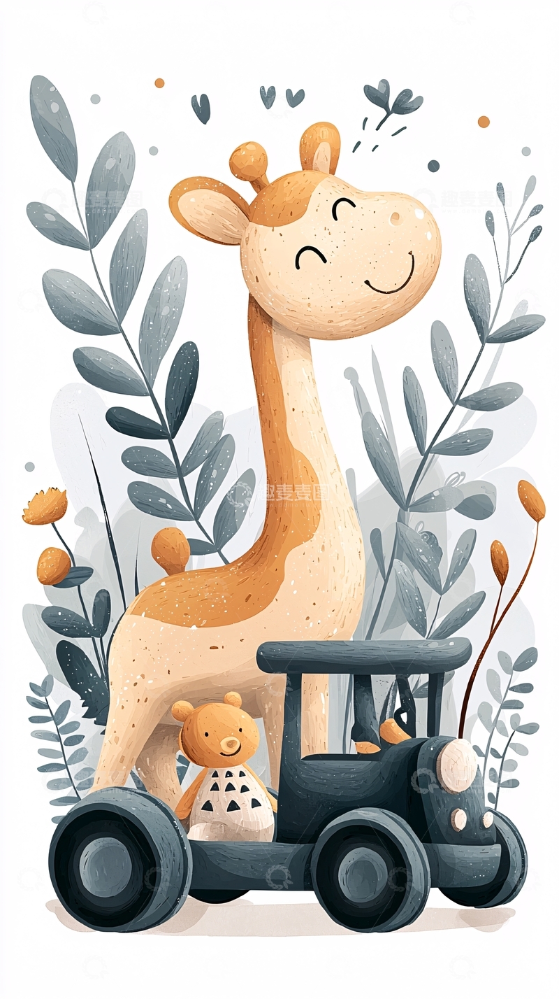 高清大图下载【趣麦麦图】长颈鹿与玩具车的温馨场景