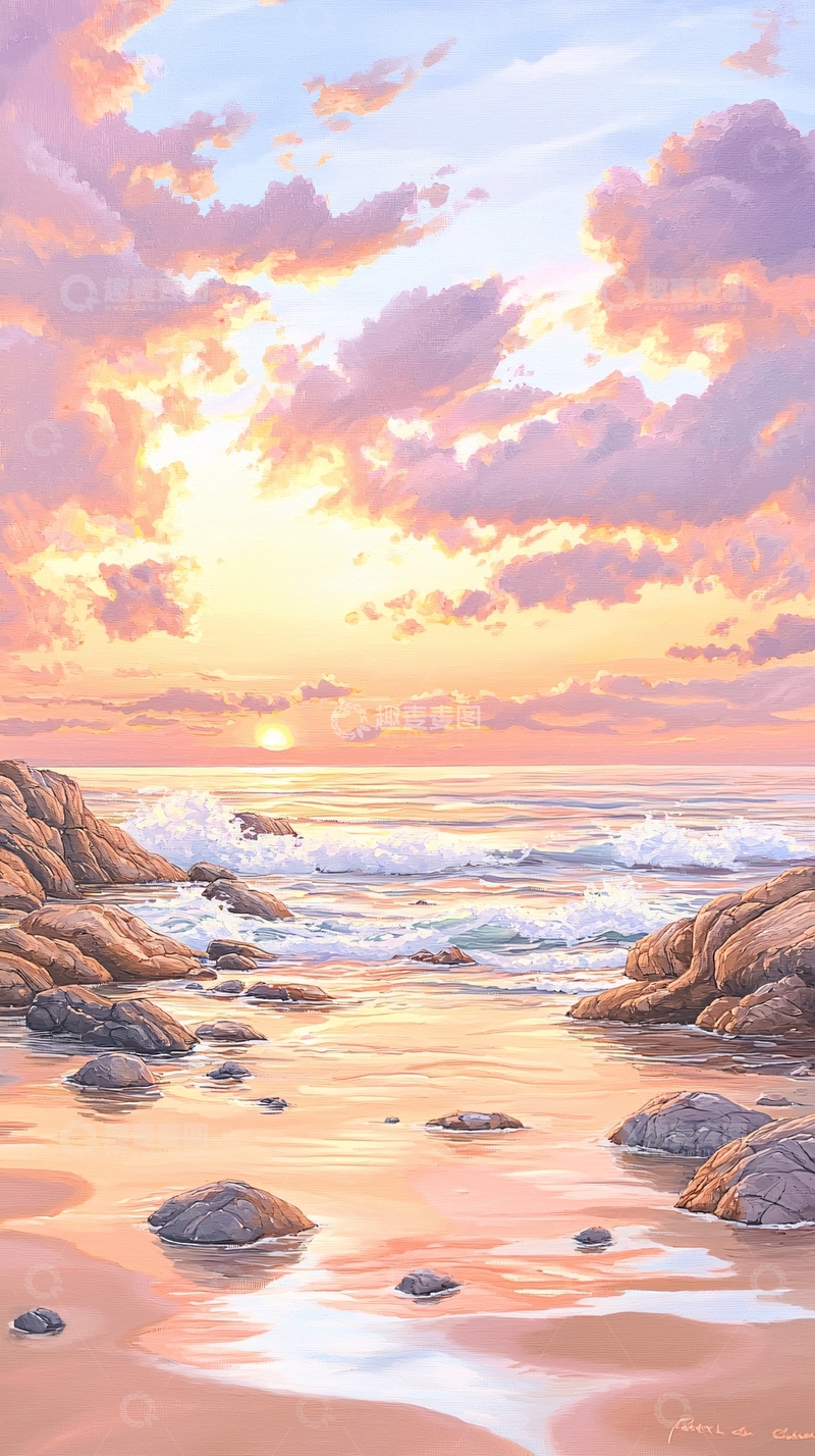 高清大图下载【趣麦麦图】日落海滩岩石风景