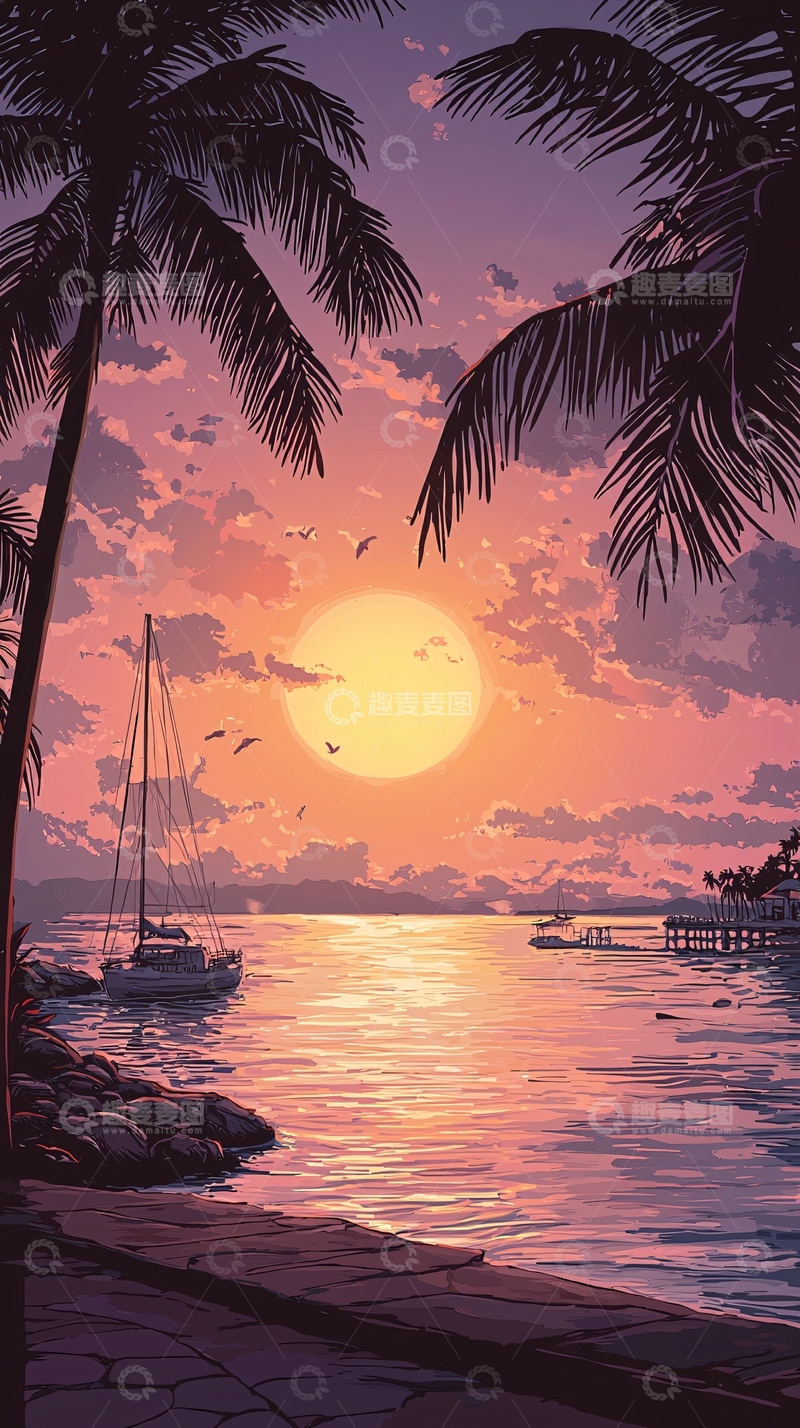 高清大图下载【趣麦麦图】日落海滩椰树帆船