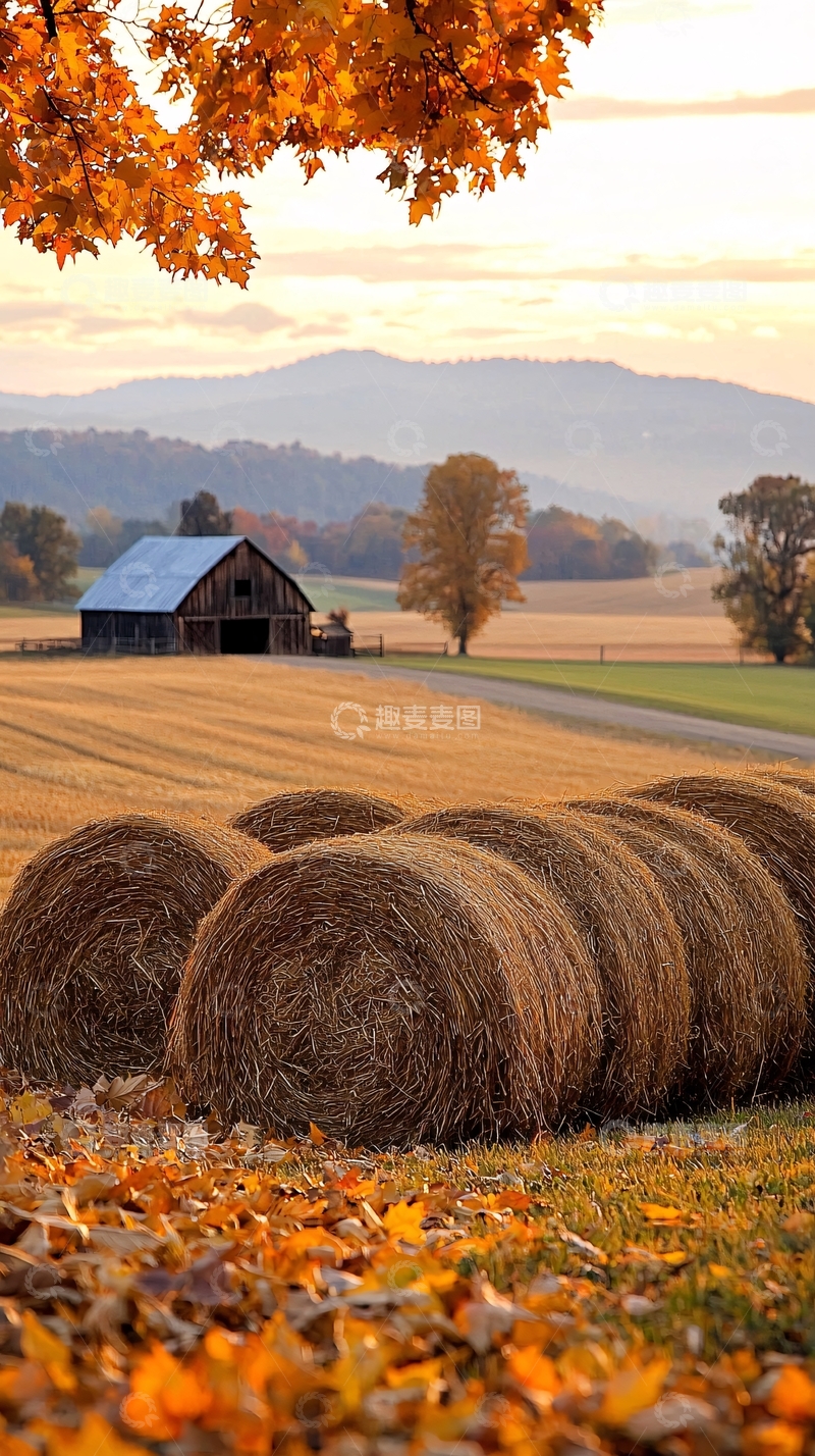 高清大图下载【趣麦麦图】秋日田野上的干草堆与老谷仓