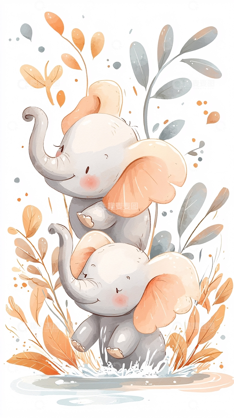 高清大图下载【趣麦麦图】两只小象在水中嬉戏