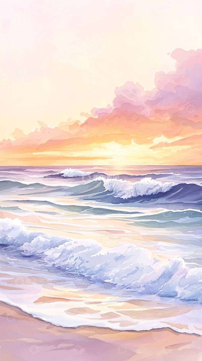 高清大图下载【趣麦麦图】日落海滩海浪风景画