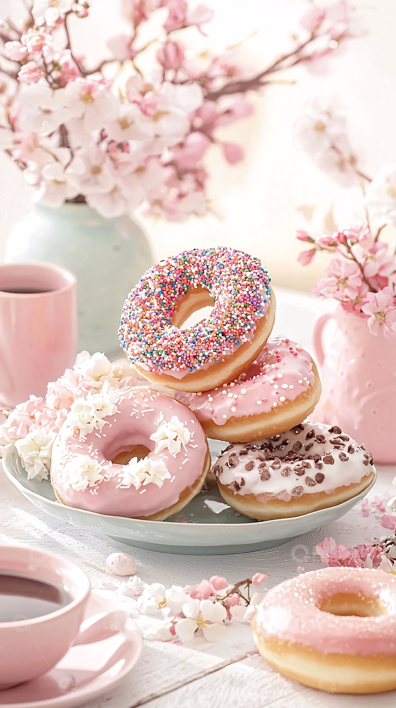高清大图下载【趣麦麦图】粉色甜甜圈与樱花背景