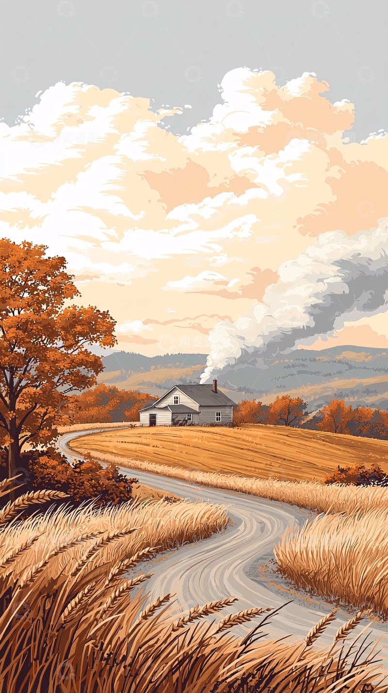 高清大图下载【趣麦麦图】秋日田园小路与农舍