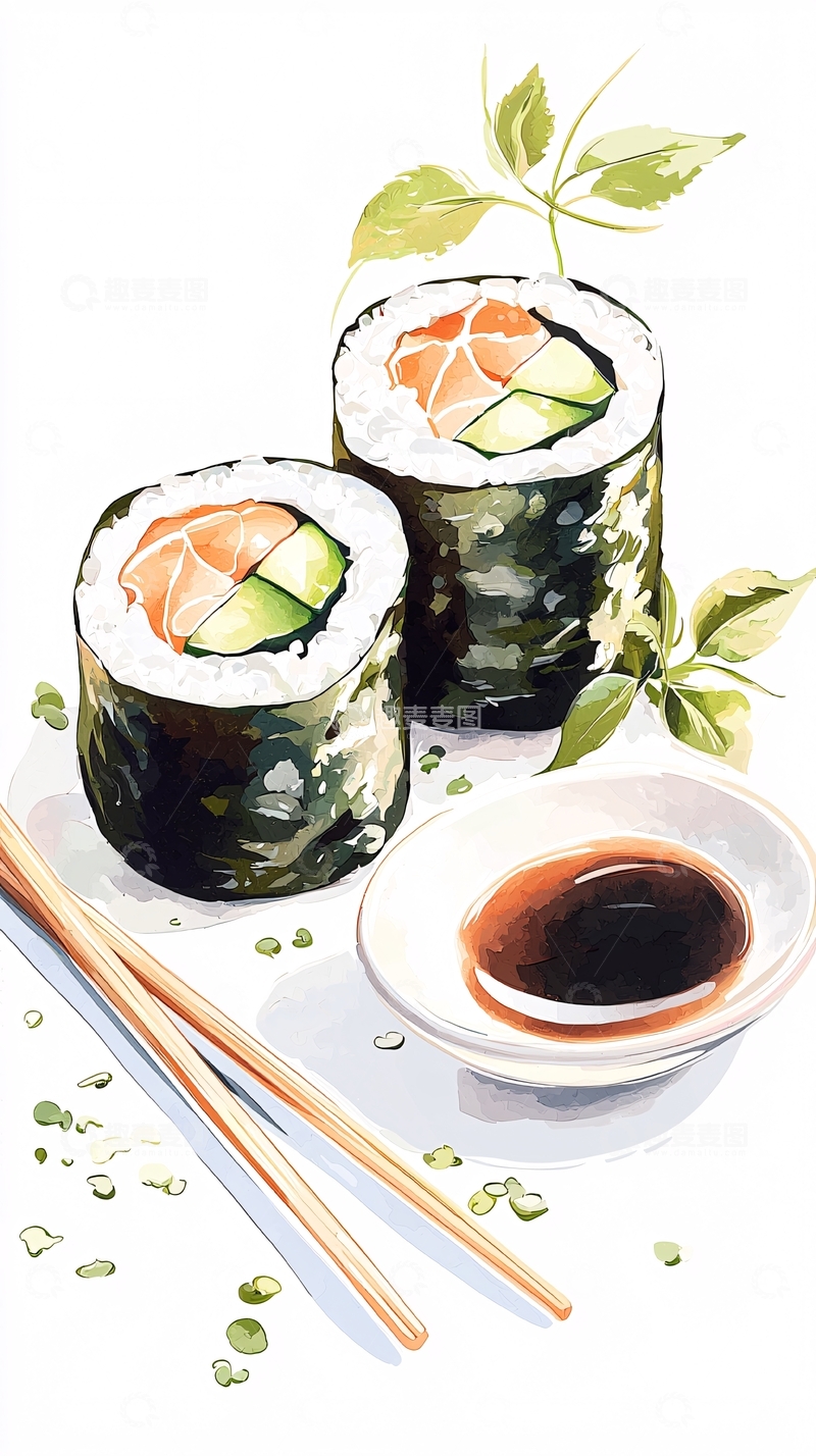 高清大图下载【趣麦麦图】寿司卷与酱油碟插画