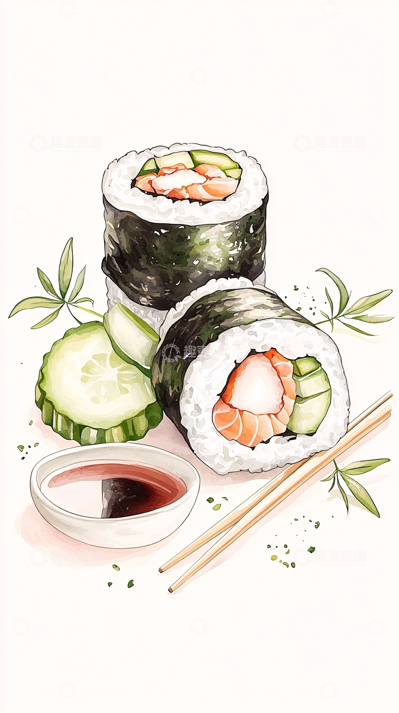 高清大图下载【趣麦麦图】寿司卷与酱油碟插画
