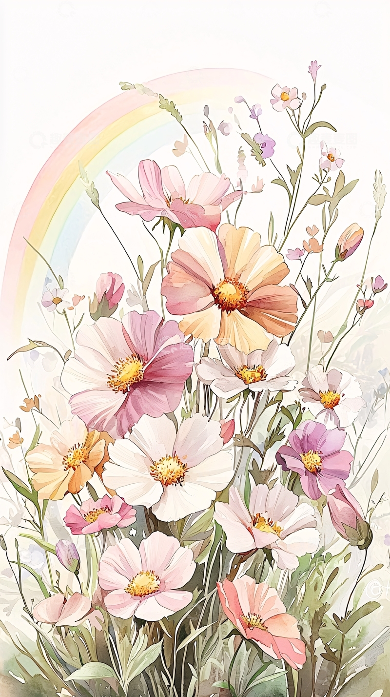 高清大图下载【趣麦麦图】彩虹下的花海插画背景图