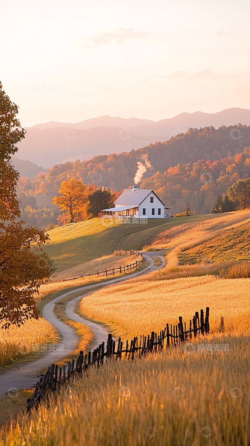 高清大图下载【趣麦麦图】秋日山间小屋风景