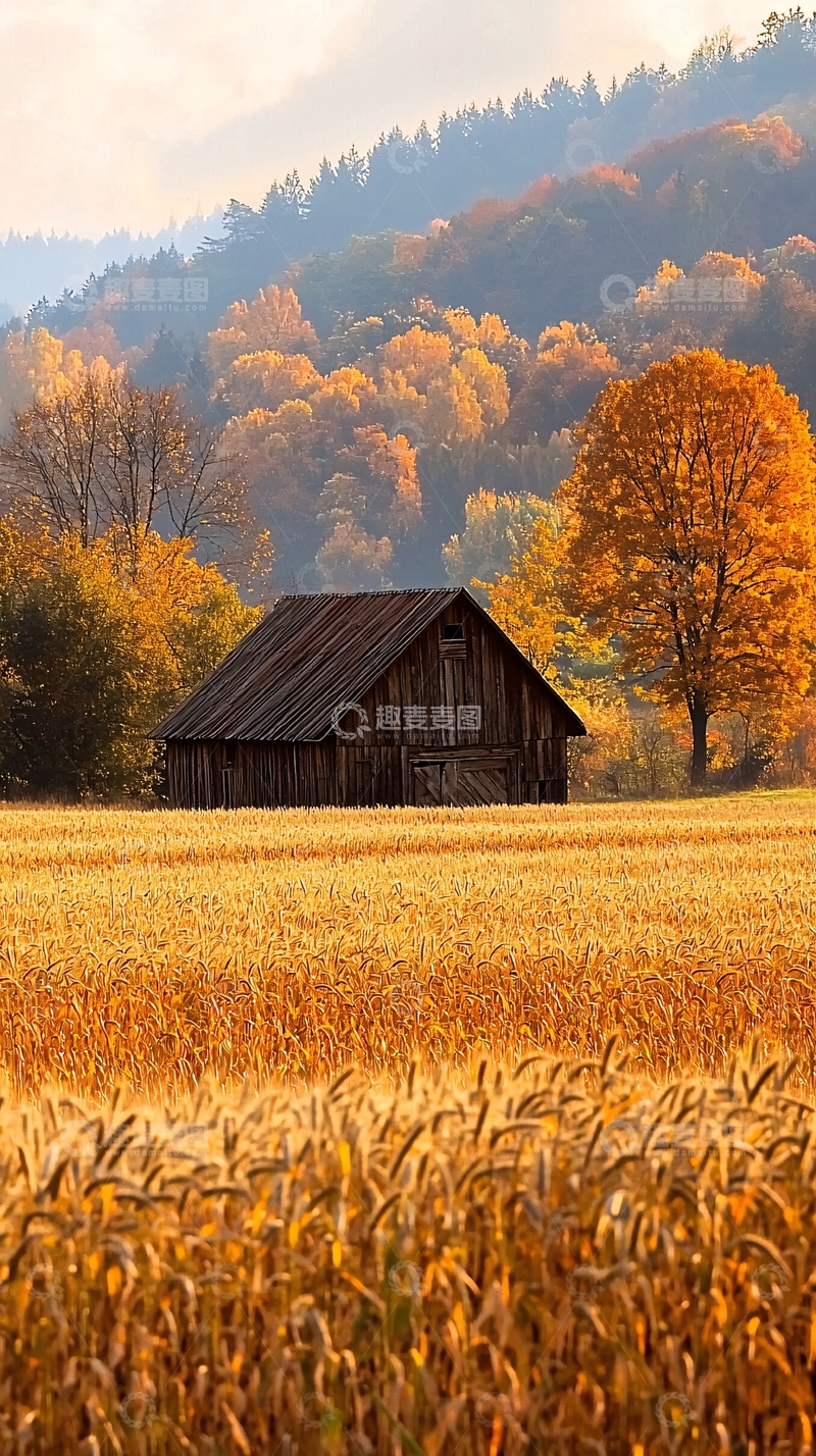 高清大图下载【趣麦麦图】秋日田野中的老木屋
