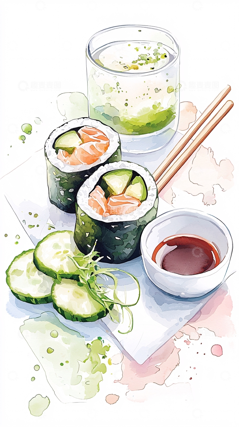 高清大图下载【趣麦麦图】寿司卷配酱油和黄瓜切片