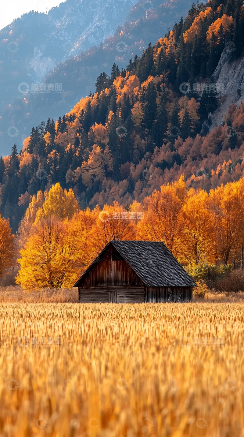 高清大图下载【趣麦麦图】秋日山间小屋风景