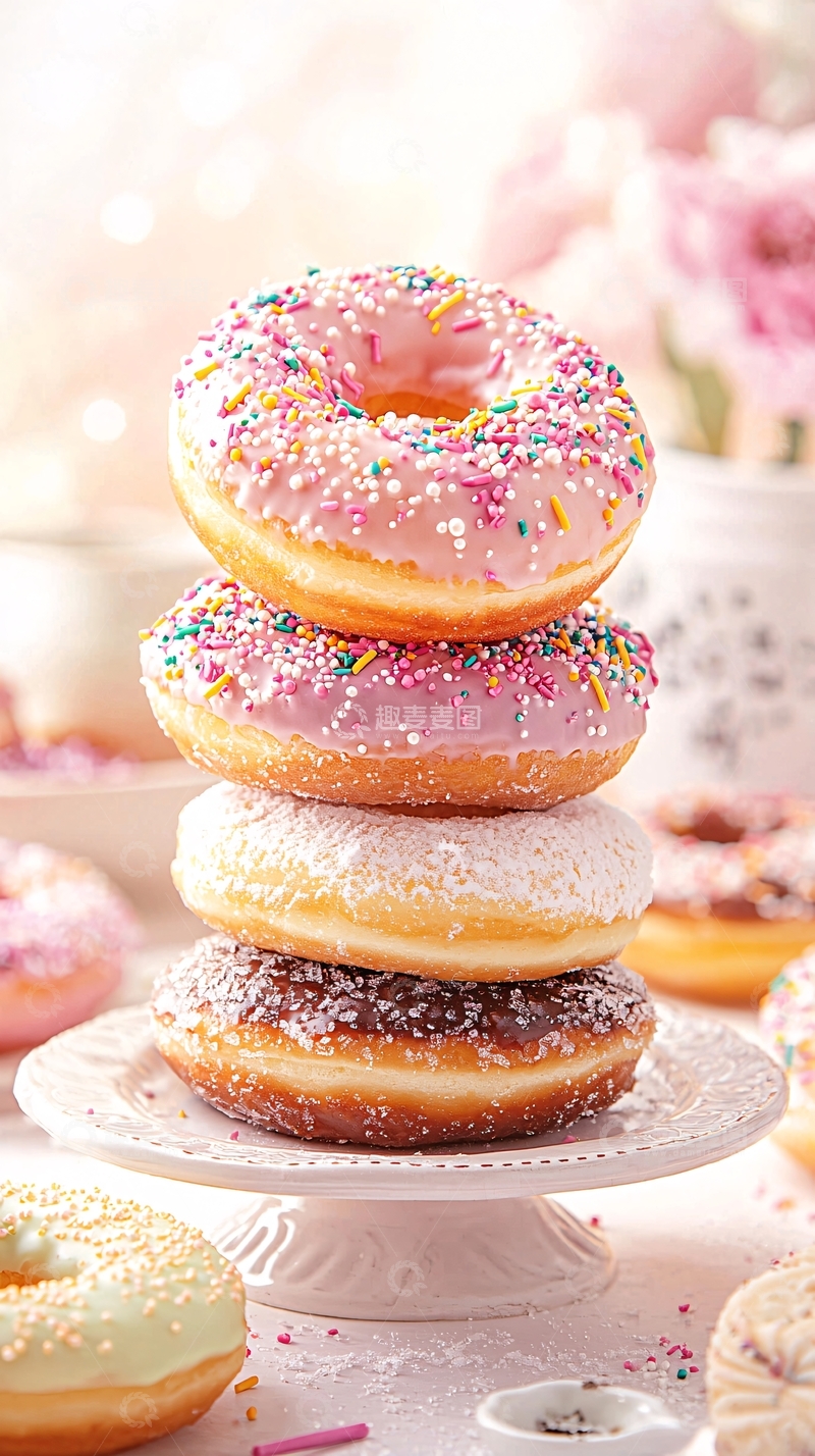 高清大图下载【趣麦麦图】粉色糖霜甜甜圈堆叠展示