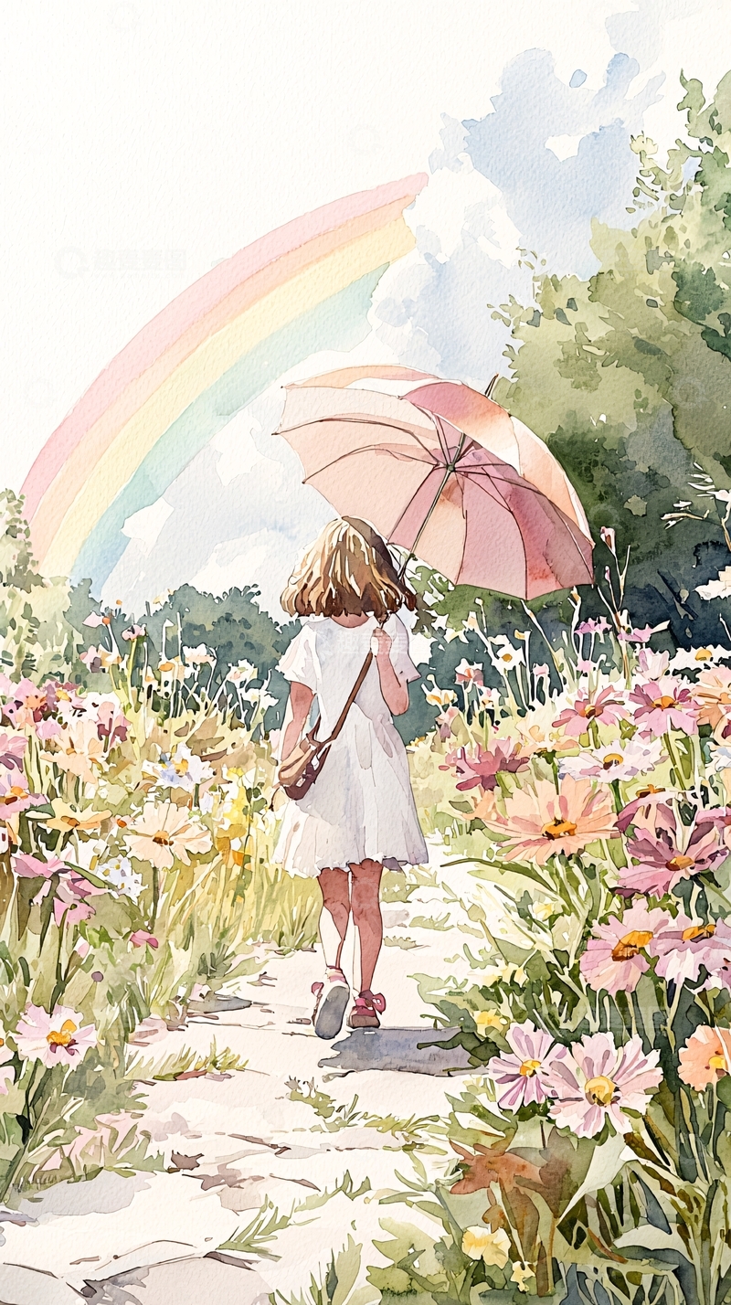 高清大图下载【趣麦麦图】彩虹下的花田漫步