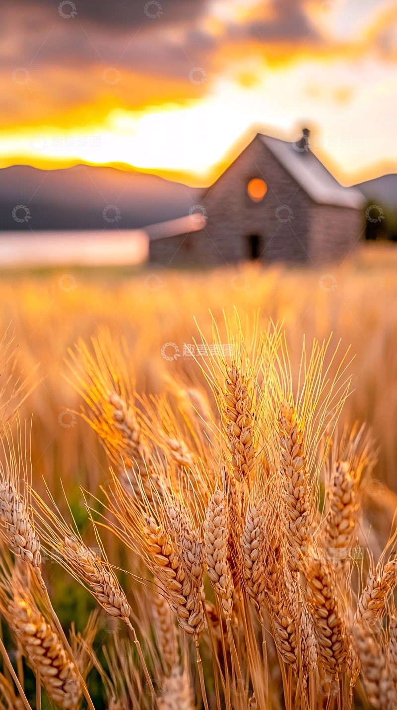 高清大图下载【趣麦麦图】夕阳下的麦田与小屋