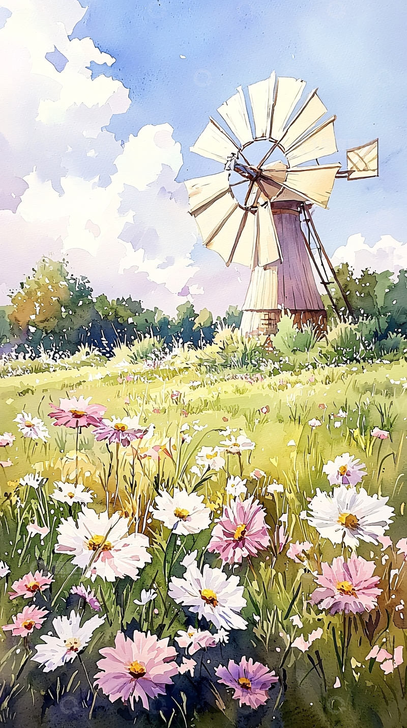 高清大图下载【趣麦麦图】风车与花田的田园风光