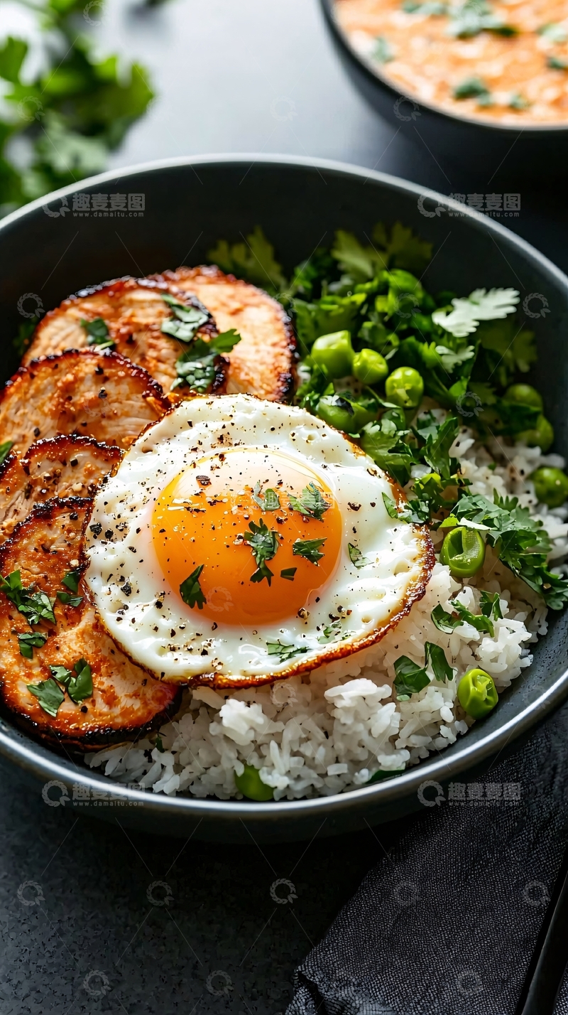 高清大图下载【趣麦麦图】煎蛋配烤肉和米饭的健康餐