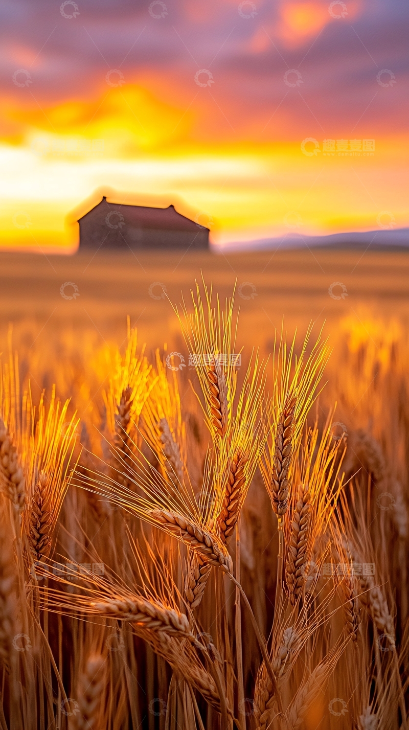 高清大图下载【趣麦麦图】夕阳下的麦田与小屋
