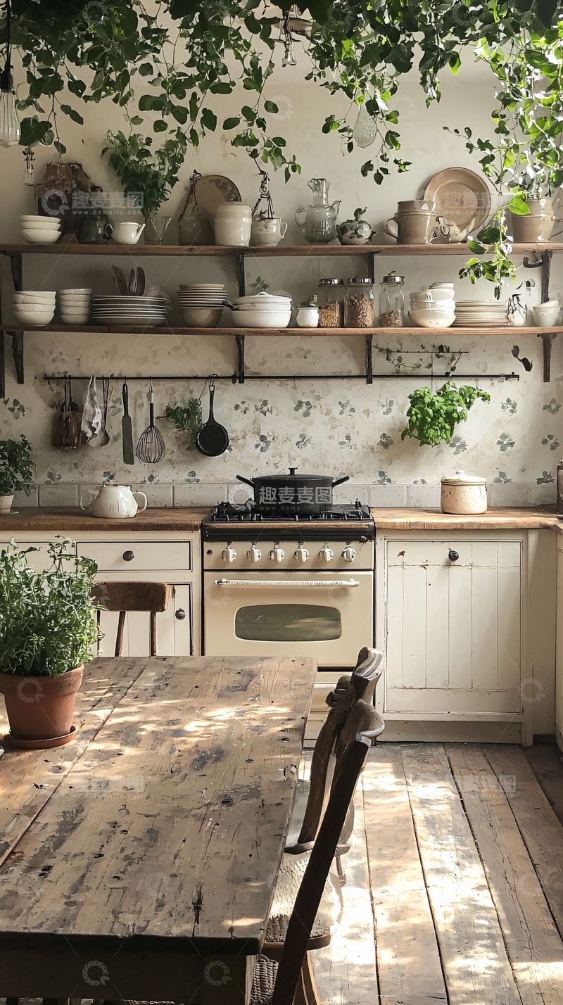 高清大图下载【趣麦麦图】乡村风格厨房与木质餐桌