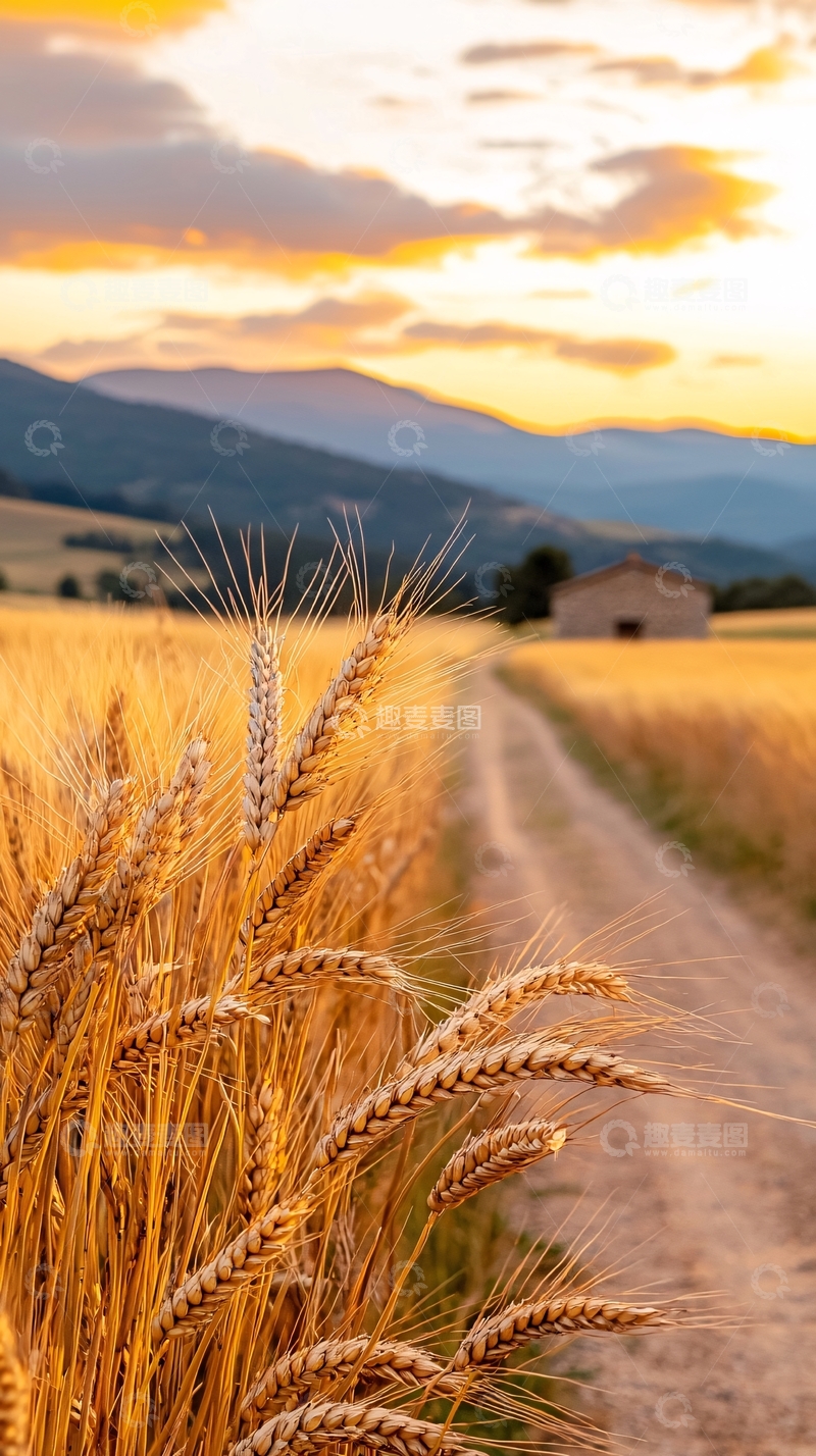 高清大图下载【趣麦麦图】金色麦田与夕阳下的小屋