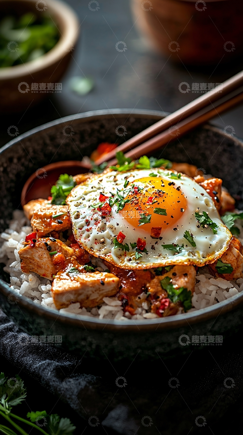 高清大图下载【趣麦麦图】香煎蛋配鸡肉和米饭