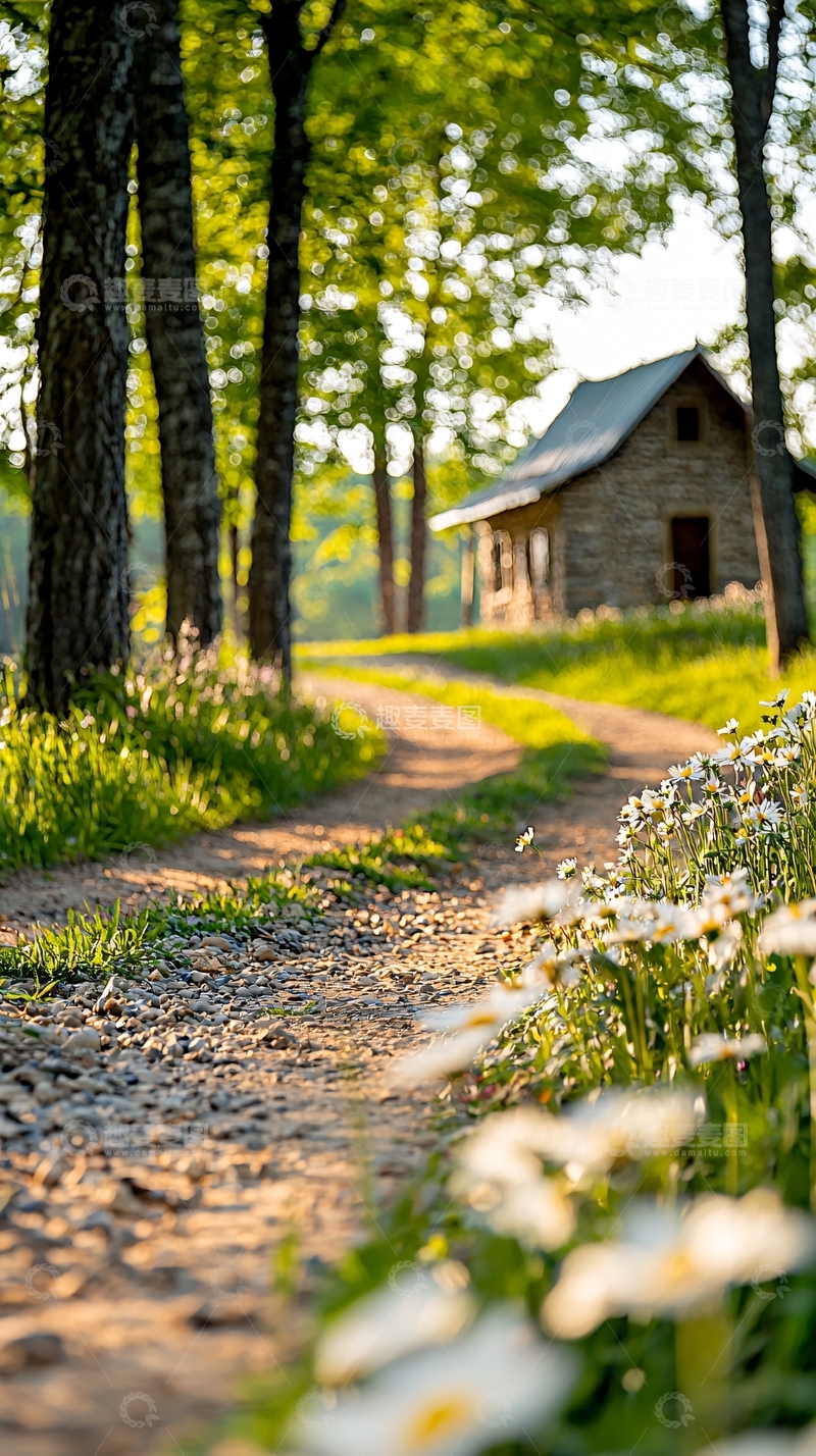 高清大图下载【趣麦麦图】乡村小路与野花的宁静场景