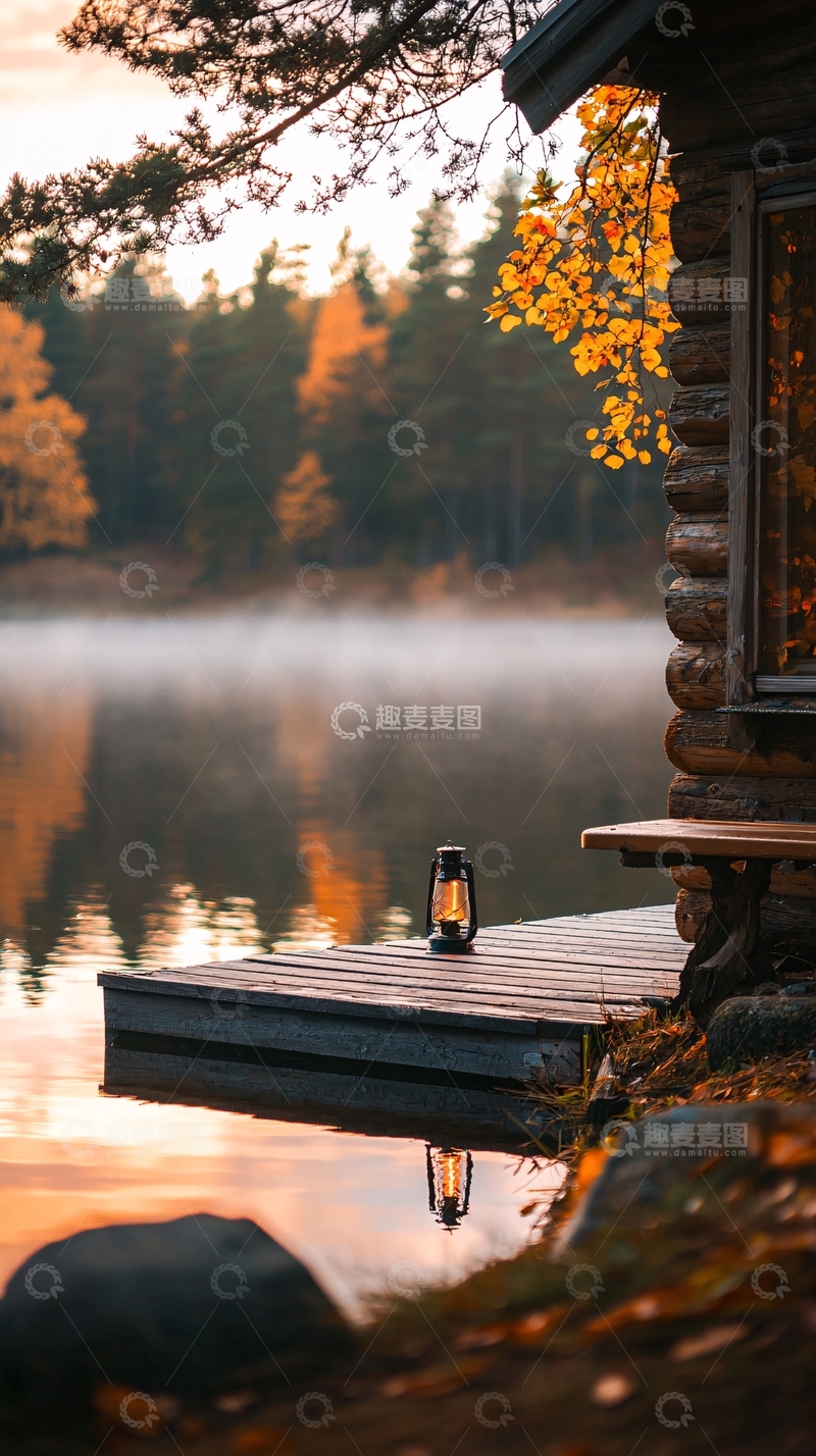 高清大图下载【趣麦麦图】秋日湖畔木屋静谧时光