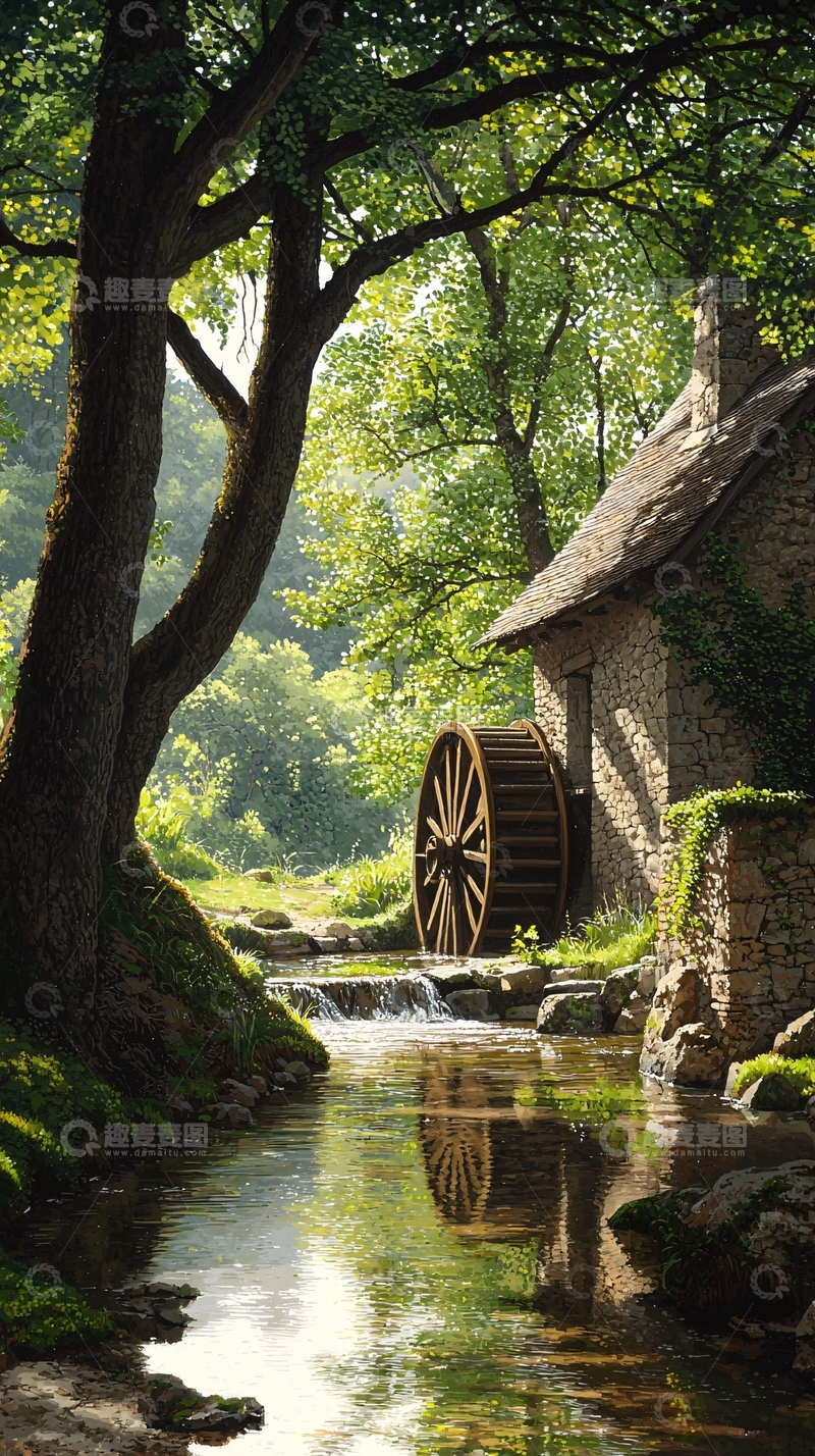 高清大图下载【趣麦麦图】古村水车与绿树溪流