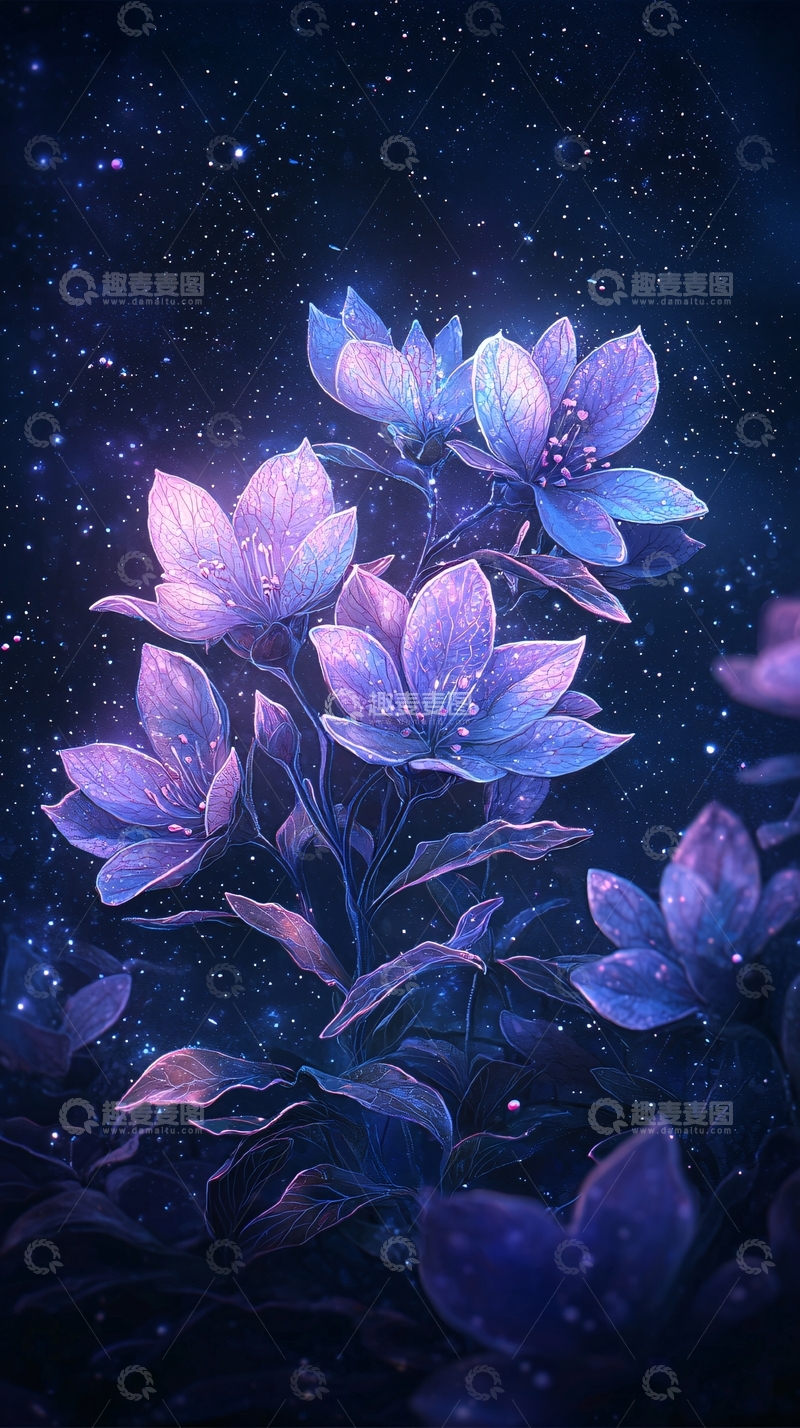高清大图下载【趣麦麦图】梦幻星空下的紫色花朵