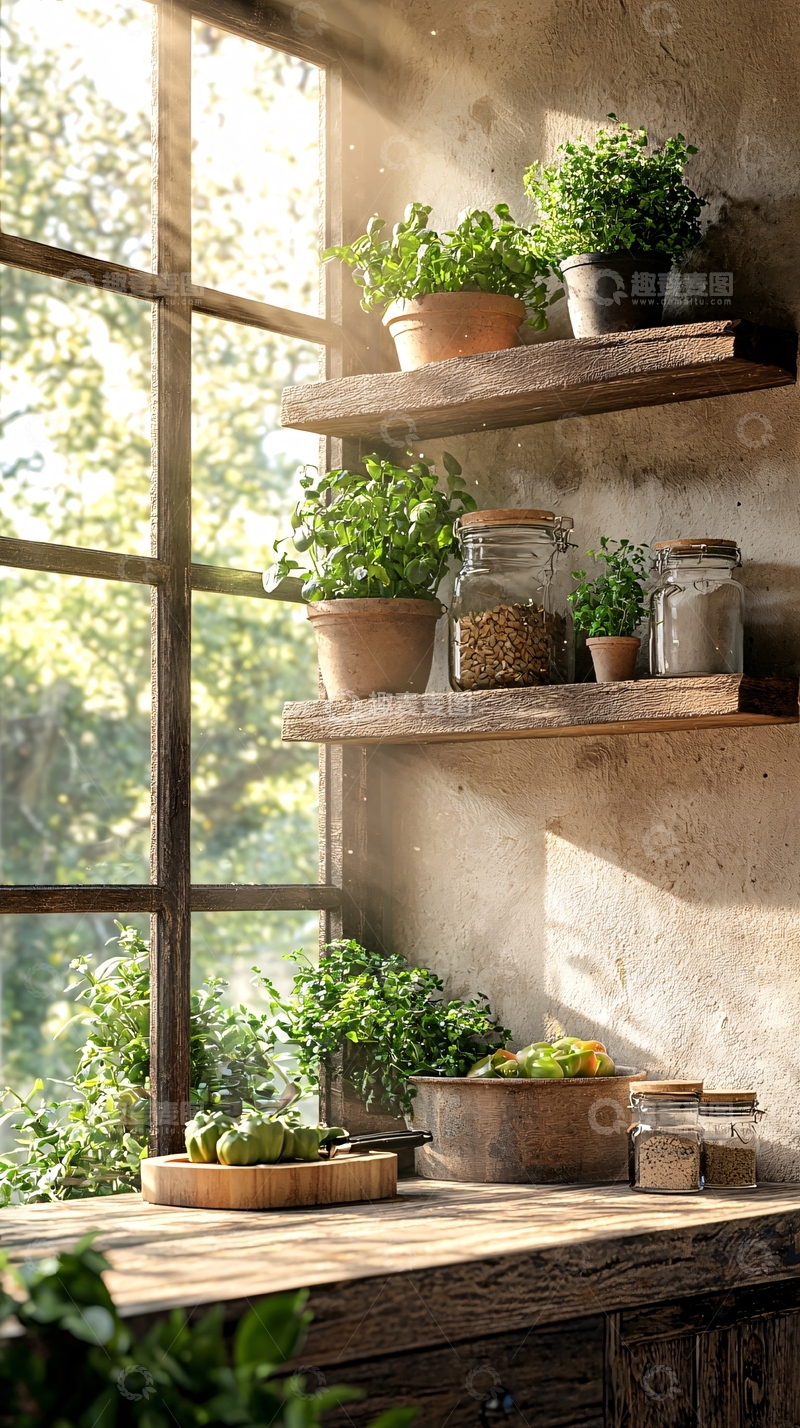高清大图下载【趣麦麦图】阳光洒满厨房植物与储物柜