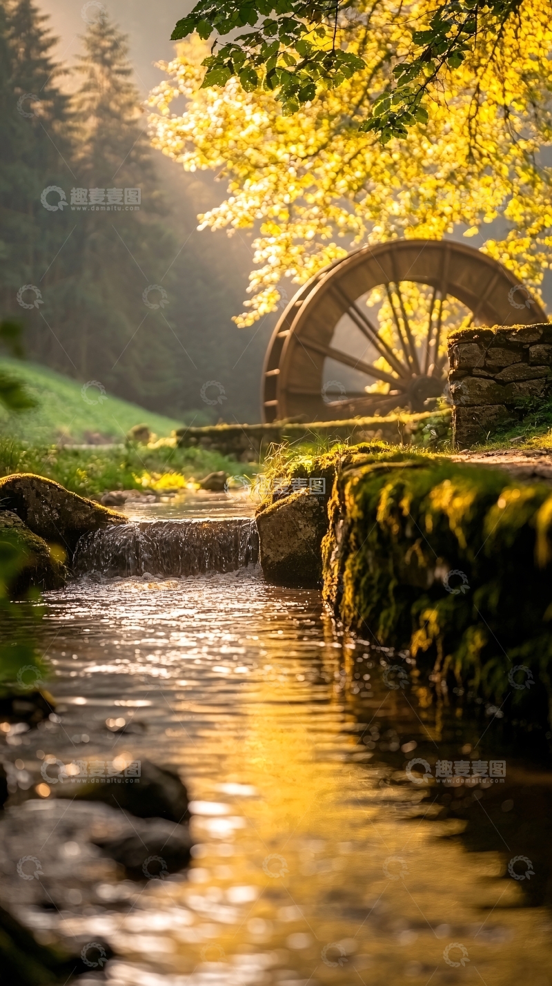 高清大图下载【趣麦麦图】夕阳下的水车与溪流
