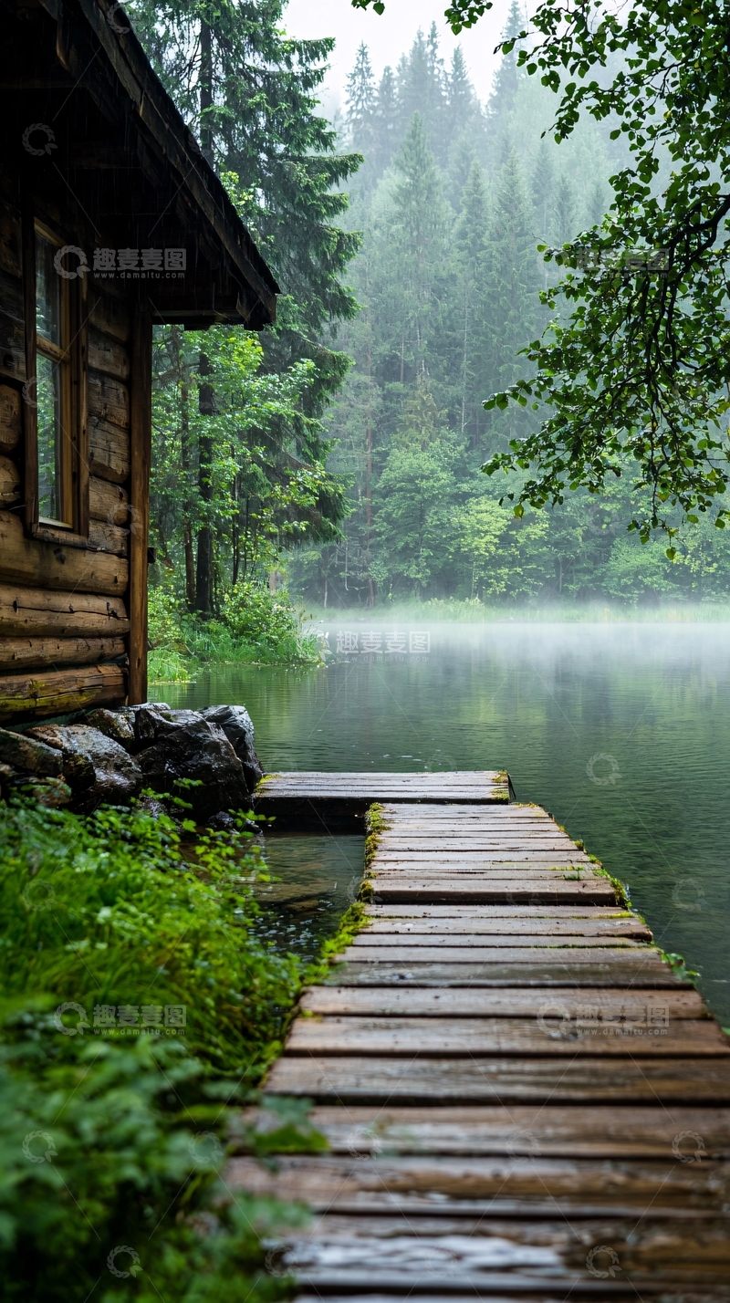 高清大图下载【趣麦麦图】雨后湖边木屋码头