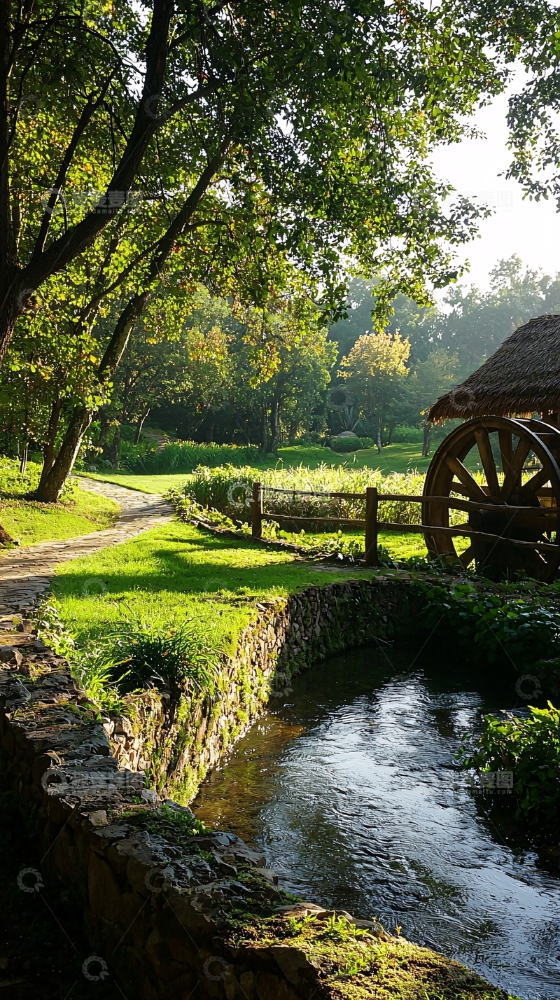 高清大图下载【趣麦麦图】乡村小径与水车